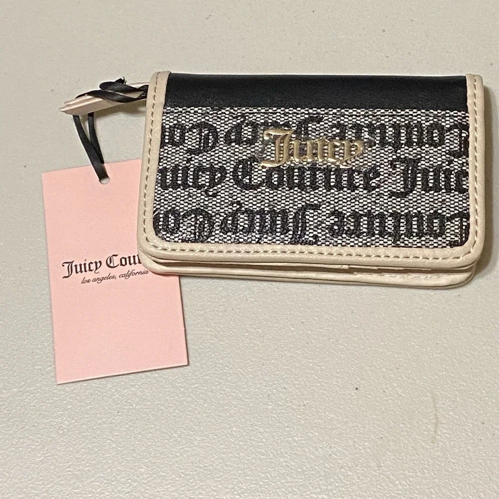 Juicy Couture Spring Fling Elongated Bifold Black/Beige Wallet Credit Cards/IDs